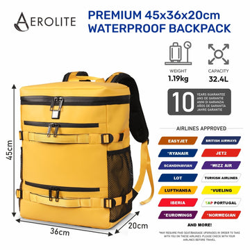 Aerolite Waterproof Backpack – Easyjet Maximum Underseat Size 45×36×20cm, 32L Cabin Rucksack with 15.6″ Laptop Sleeve, Multiple Pockets & Travel-Friendly Features – Mango
